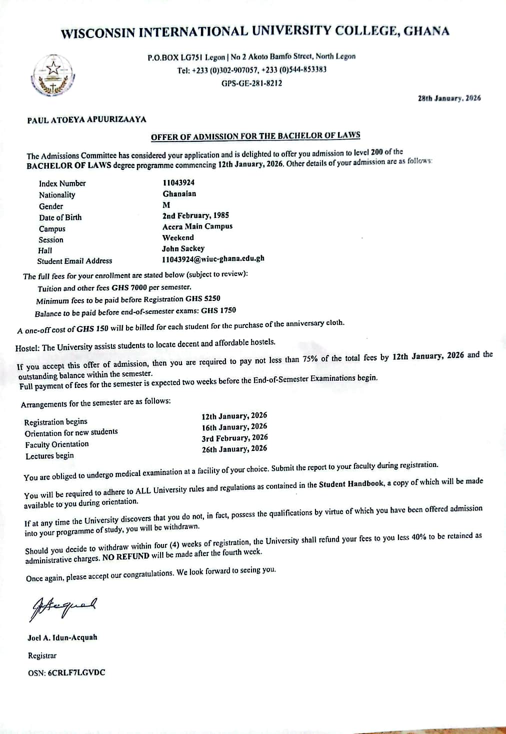 Paul Atoeya Apuurizaaya's school fees